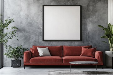 Spacious modern living room with minimalist decor, featuring a striking red couch against gray walls and a textured wall. Includes a contemporary design with clean lines