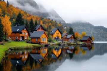 Fototapeta premium A small village beside a winding river, with houses reflecting in the water and a wooden bridge connecting the two banks
