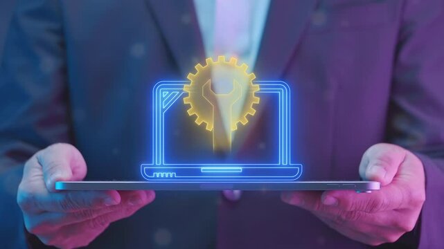 Computer service icon, technical support concept, call center and customer service. Business and technology concept. Businessman shows glowing neon line of computer service icon on virtual screen.