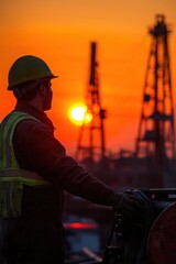 Silhouette Worker Oil Rig Sunset Dramatic Sky Energy Industry