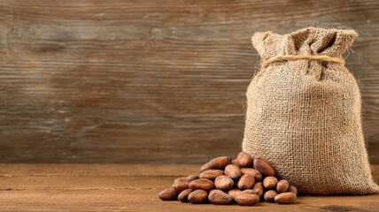 Cocoa beans filling a burlap sack and forming a pile on a wooden table with a plant on the background copy space for your text