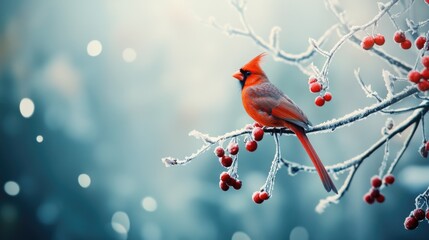 The image depicts a vibrant red cardinal bird perched on a tree branch heavy with berries. The background suggests a winter scene, possibly a holiday season with snowy conditions and cold weather