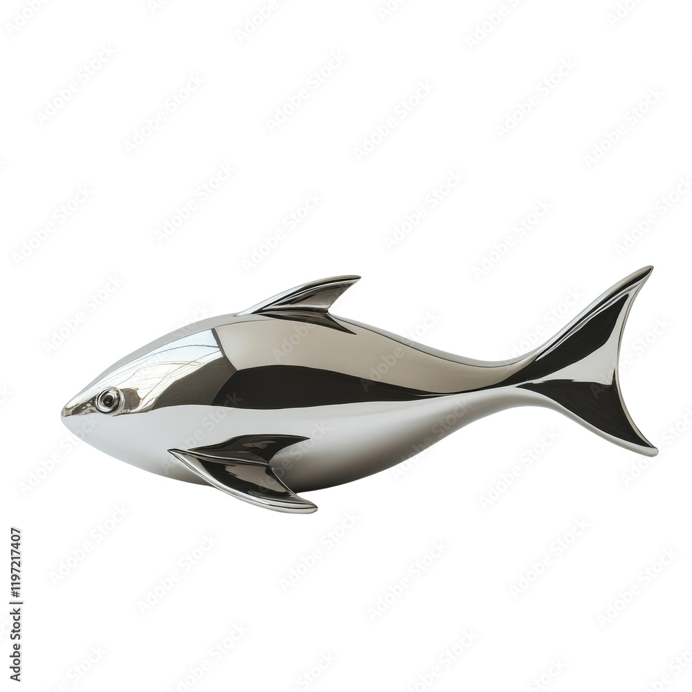 Poster a sleek chrome fish sculpture is shown against a black background the image is a three dimensional r