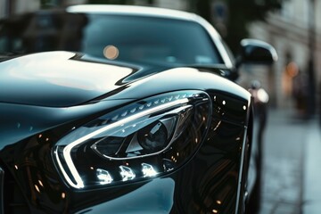 Naklejka premium Sleek black sports luxury car parked on a city street at night, emphasizing headlights and design details.