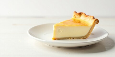 A delectable slice of creamy custard pie, perfectly baked with a golden crust, rests on a pristine white plate, a tempting treat for any occasion.