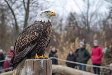 Majestic bald eagle perched with people in the background.