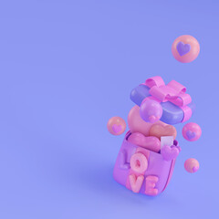 Love it. 3d Valentine s day design. Open gift box full of decorative festive object. Holiday banner, web poster, flyer, stylish brochure, greeting card, background cover. 3d rendering