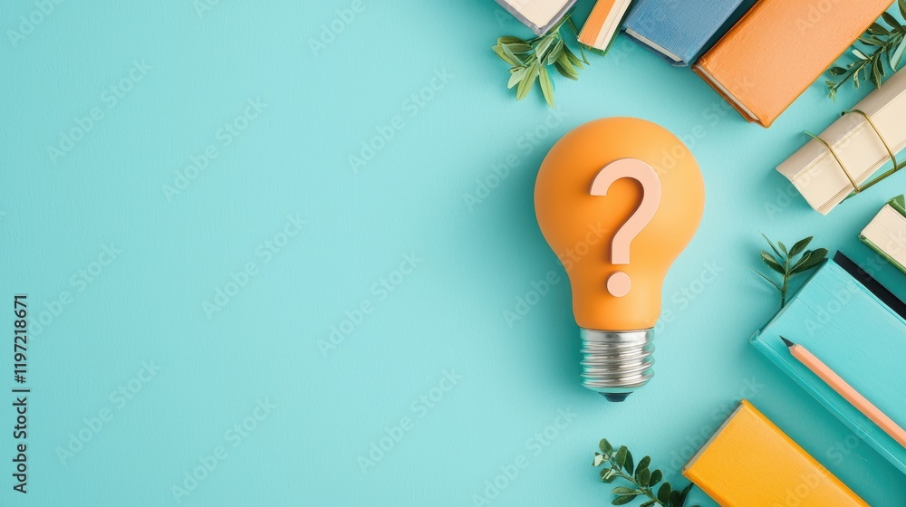 Poster a lightbulb with a question mark inside, surrounded by books and educational resources, symbolizing 