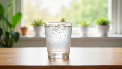  Glass of sparkling water on wooden table with indoor plants