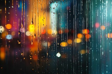 Fototapeta premium Raindrops run down a window at night, lights blurry.