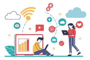 Flat design illustration, social media concept, laptop with tiny people, digital icons floating, colorful app symbols, online communication, vector graphics, minimalist characters, tech lifestyle, clo