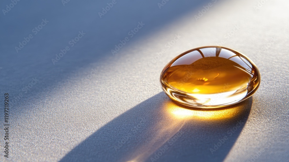 Poster smooth amber droplet casting long shadow on textured surface