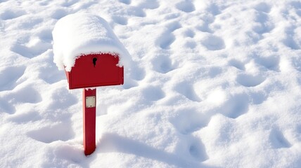 Red mailbox covered in snow, standing snowy landscape