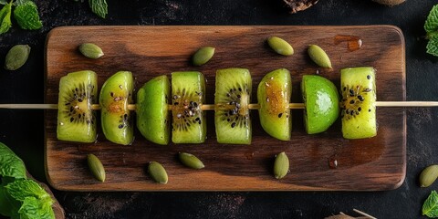 Wooden board with colorful fruit skewers and pistachios, ready to serve as an appetizer or snack. Vibrant and healthy ingredients suggest a refreshing taste.