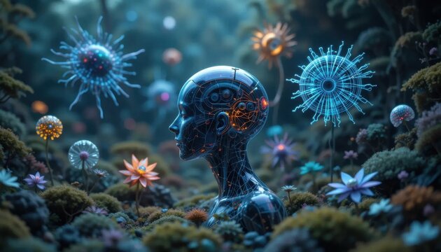 Bio-Synthetic Harmony: A Cyborg's Embrace of Nature's Digital Bloom