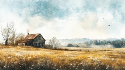 A rustic farmhouse in the fall, surrounded by a wheat field and a barn.