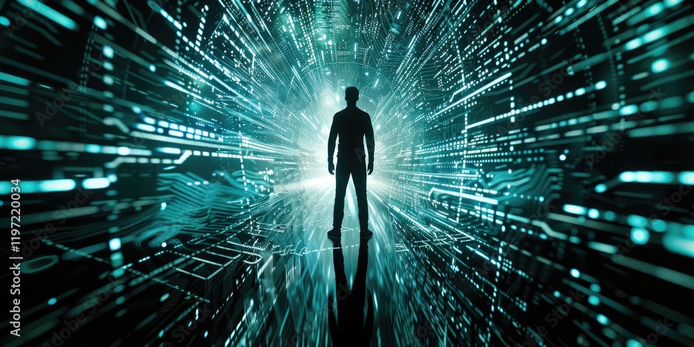 Poster the image depicts a futuristic hallway with intricate digital interfaces. the setting is sleek and h