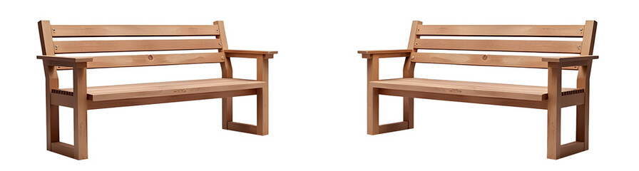 Two elegant wooden benches inviting tranquility and conversation in a serene outdoor atmosphere, perfect for relaxation., cut out,transparent background