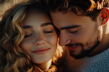 Obraz premium A woman and a man embracing and smiling at the camera in an outdoor setting, depicting affection and love.