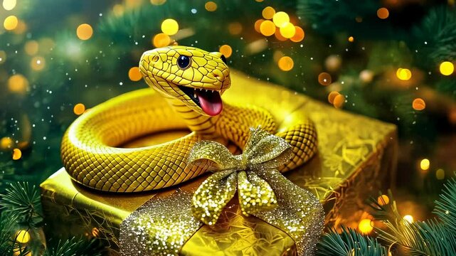 Golden snake shiny gift box.Sparkling ambiance,festive mood.Coiled serpent atop glimmering present.wrapped gold-.Holiday celebration unique twist.Mystic charm meets spirit.