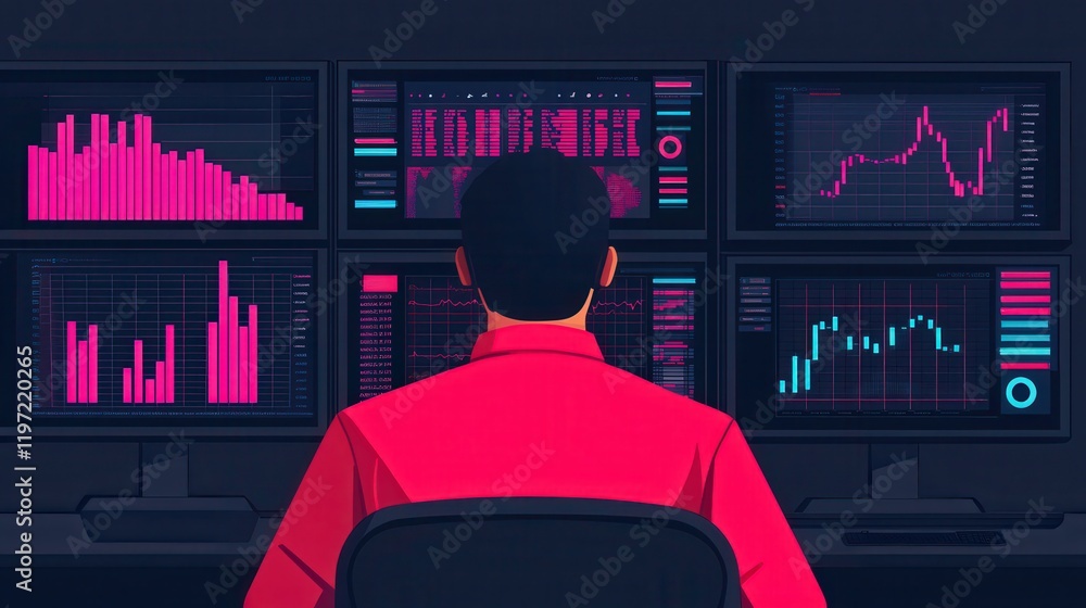 Aufkleber a person in a red shirt analyzes financial data on multiple screens filled with colorful graphs and 