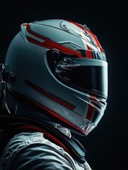 Fototapeta premium Close-up of a professional racing helmet, showcasing its sleek design and reflective visor. Ideal for motorcycle racing or automotive sportswear.