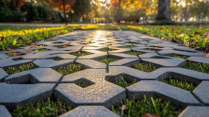 Autumn park path, sunlight, grass, permeable paving, walkway