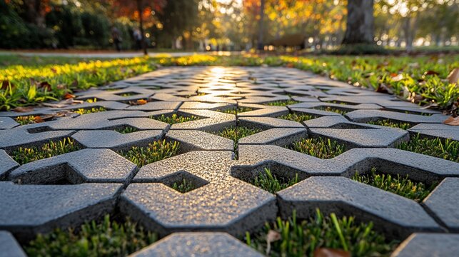 Autumn park path, sunlight, grass, permeable paving, walkway