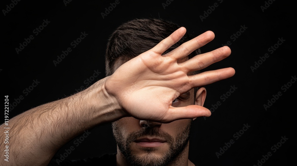 Poster man hand is raised against black background, creating gesture that conveys emotion and intrigue. con