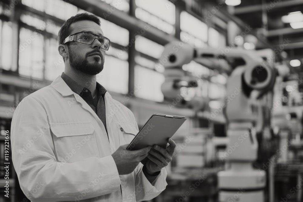 Poster a professional working in the factory environment, holding a clipboard and notebook to document find