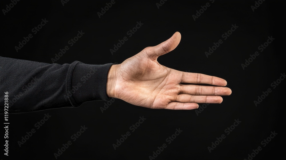 Poster man hand reaching forward against black background, symbolizing invitation and connection. gesture c