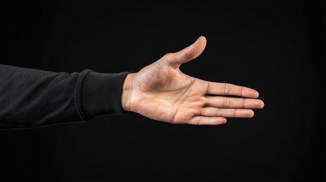 man hand reaching forward against black background, symbolizing invitation and connection. gesture conveys openness and readiness - Powered by Adobe