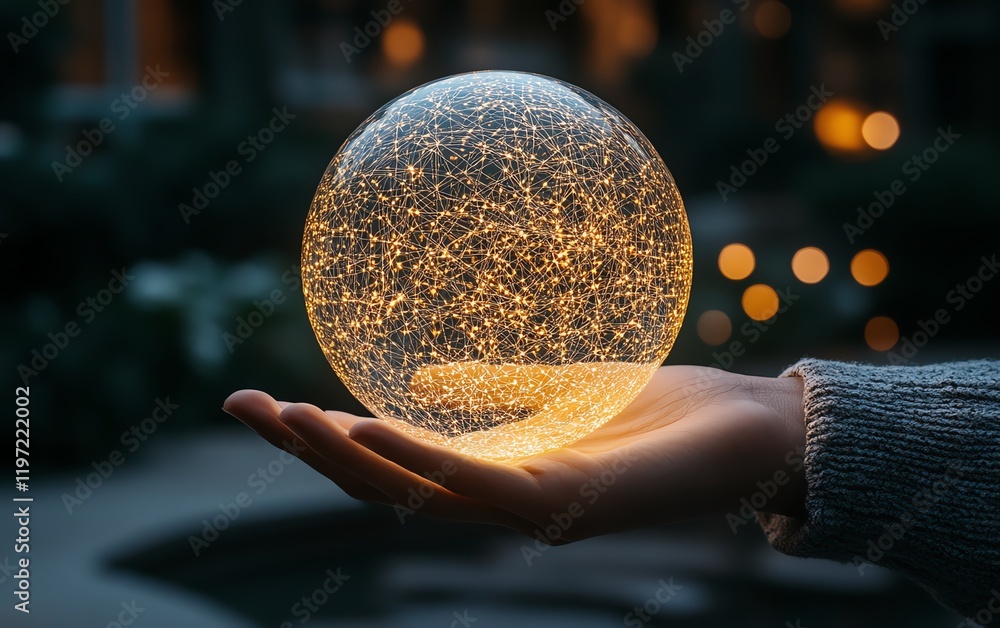 Poster business professional with glowing digital sphere featuring intricate network connection held in han