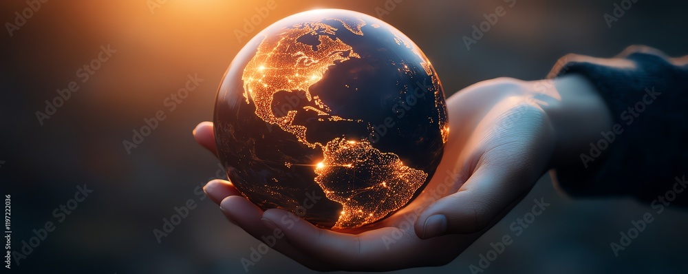 Aufkleber digital globe with glowing network design held by hand, soft light and minimalistic dim background, 