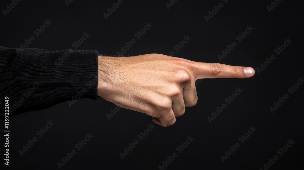 Poster man hand pointing forward against black background, conveying direction and intention. gesture is cl