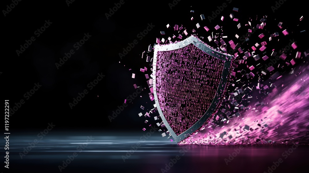 Poster a stylized shield icon with binary code flowing around it, visually conveying the digital nature of 
