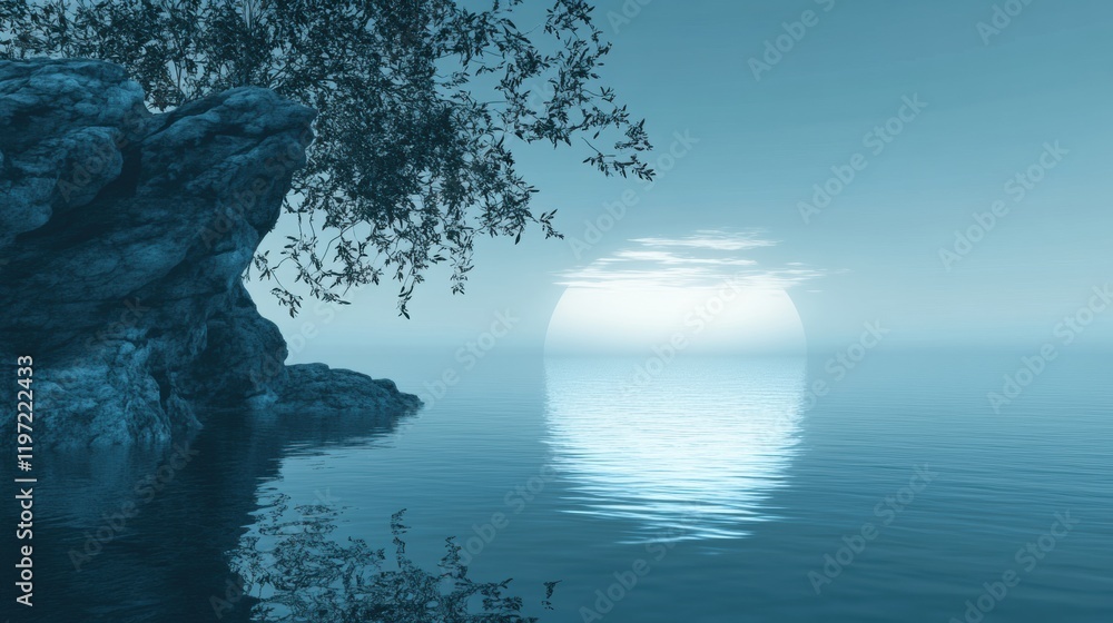 Poster tranquil coastal landscape with serene waters and soft hues during evening twilight. generative ai
