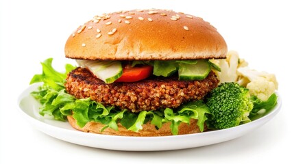 Veggie burger with a plant-based patty, served on a whole wheat bun with fresh gourmet vegetables and green salad. Healthy, filling meal.