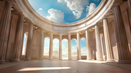 3D background for product display, featuring an interior of the Greek pantheon with a dome and walls made from beige plaster. 