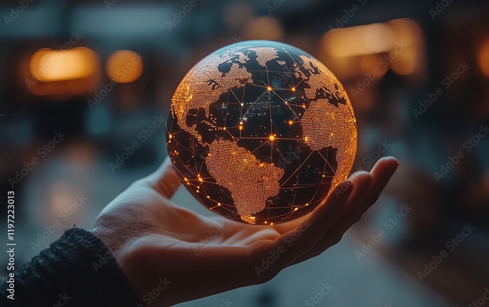 Poster hand showcasing glowing digital globe with network pattern and soft light in a minimalistic dim back