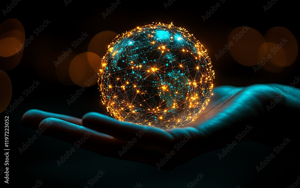 Poster hand showcasing glowing digital globe with network pattern and soft light in a minimalistic dim back