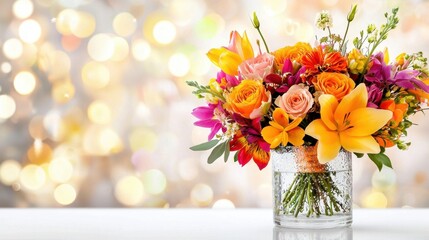 Vibrant Flower Bouquet with Roses, Lilies, and Orchids Against a Blurred Background