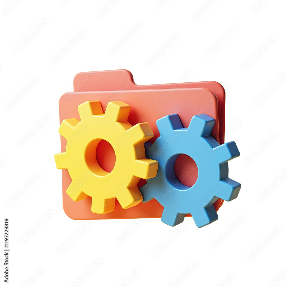 Fototapete two 3d gears one yellow and one blue meshing together above a coral folder symbolizing a system's fu