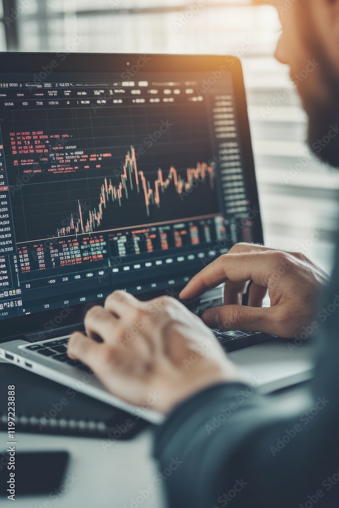 Poster a man using a laptop for financial analysis, with charts and graphs displayed on the screen.