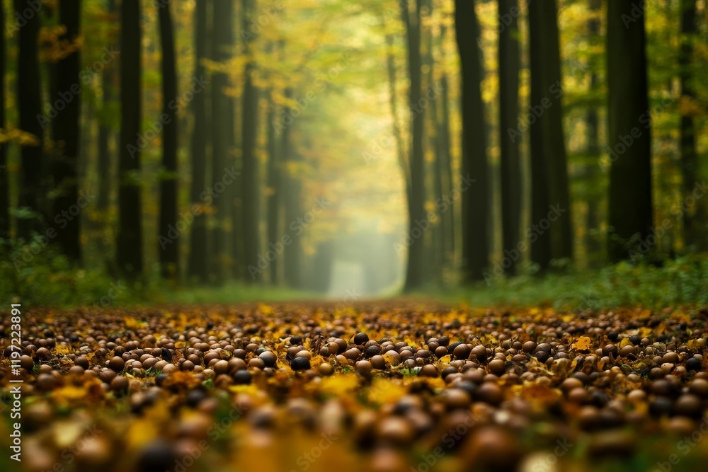 Poster autumn path through trees covered in fallen nuts.
