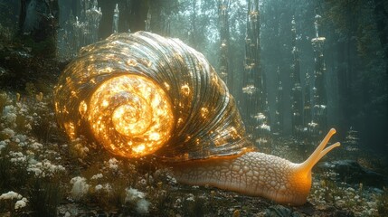 Glowing snail in mystical forest.