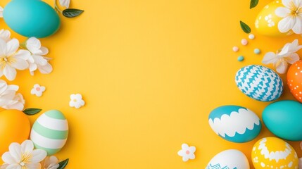 Flat lay Easter scene, soft yellow background, scattered colorful eggs, minimal floral decor, simple layout.