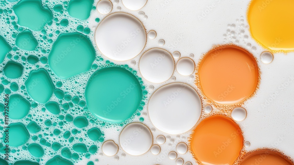 Poster detailed macro shot of colored oil bubbles coalescing and merging on the water surface, highlighting
