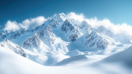 Obraz premium Snow covered mountain range under a clear blue sky with scattered clouds revealing nature's majestic beauty. Generative AI