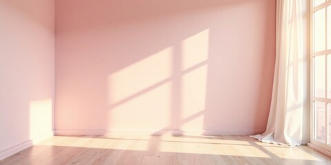 Fototapeta premium Empty Room with Sunlight Streaming Through Sheer Curtains and Light Pink Walls